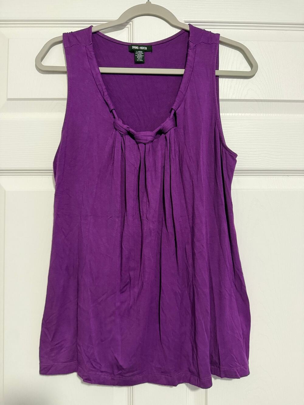 Spring + Mercer Purple Tunic Tank Top L Rayon Stretch Ring Neck Boho Pleated